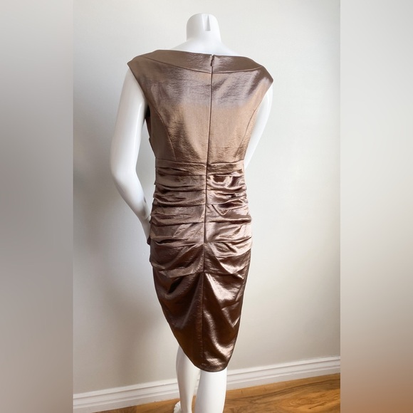 JAX Brown Gold Shimmer Ruched Draped Formal Retro Vtg Dress Y2K Metallic Satin 8 - Picture 3 of 11
